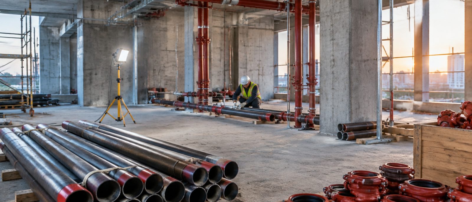 Fire protection pipework being installed in a building under construction