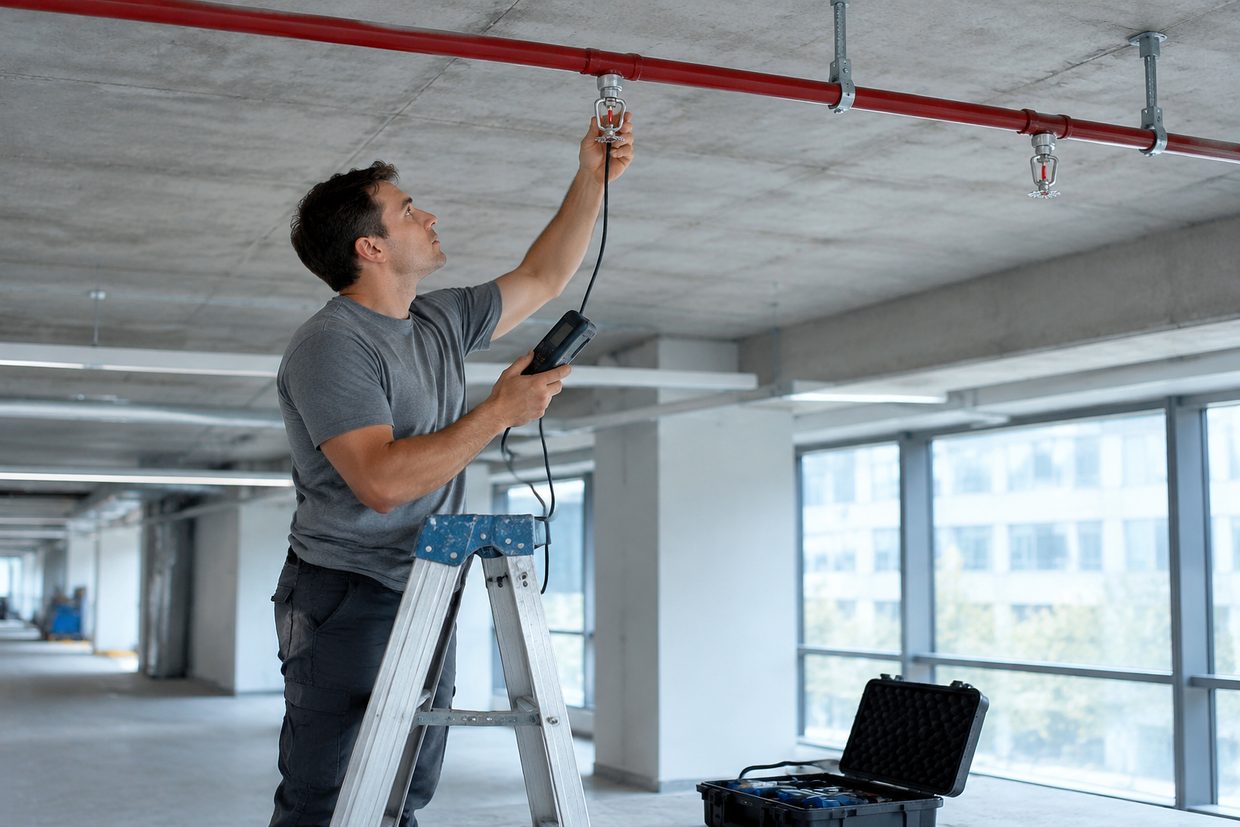 Engineer inspecting a sprinkler installation